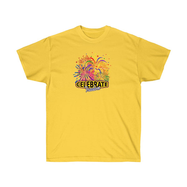 4th of July Celebrate Freedom 1 - Adult, Unisex, Ultra Cotton, 6oz. GildanTee - BenchmarkSpecialAwardsCo