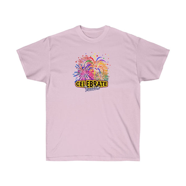 4th of July Celebrate Freedom 1 - Adult, Unisex, Ultra Cotton, 6oz. GildanTee - BenchmarkSpecialAwardsCo