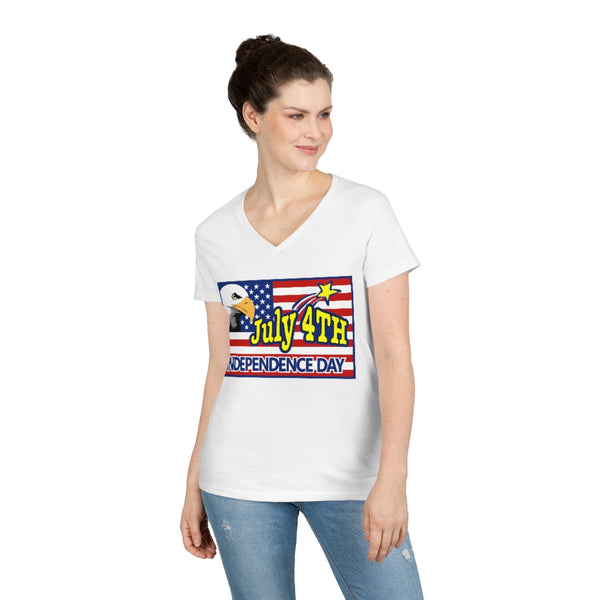 4th of July Eagle/Flag 2 - Ladies' V-Neck T-Shirt, Gildan, 100% cotton, Medium fabric, 5.3 oz, Semi-Fitted - BenchmarkSpecialAwardsCo