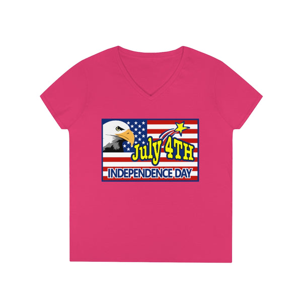 4th of July Eagle/Flag 2 - Ladies' V-Neck T-Shirt, Gildan, 100% cotton, Medium fabric, 5.3 oz, Semi-Fitted - BenchmarkSpecialAwardsCo