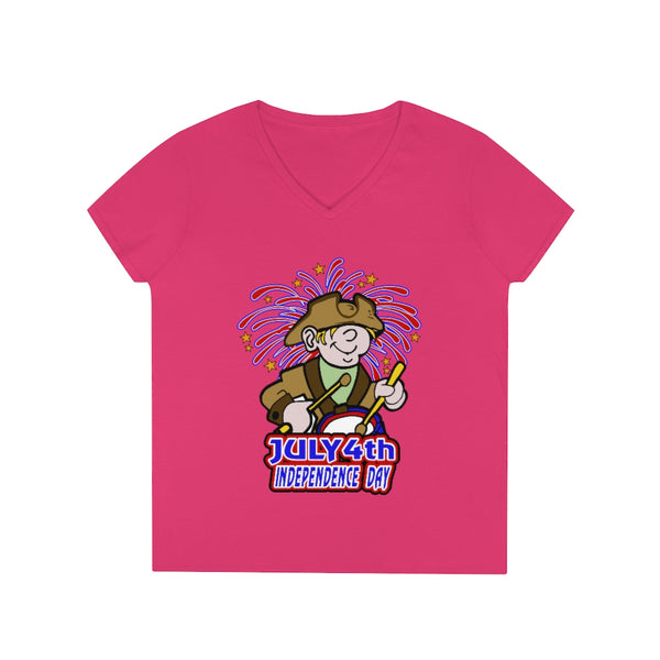 4th of July Drummer Boy 2 - Ladies' V-Neck T-Shirt, Gildan, 100% cotton, Medium fabric, 5.3 oz, Semi-Fitted - BenchmarkSpecialAwardsCo