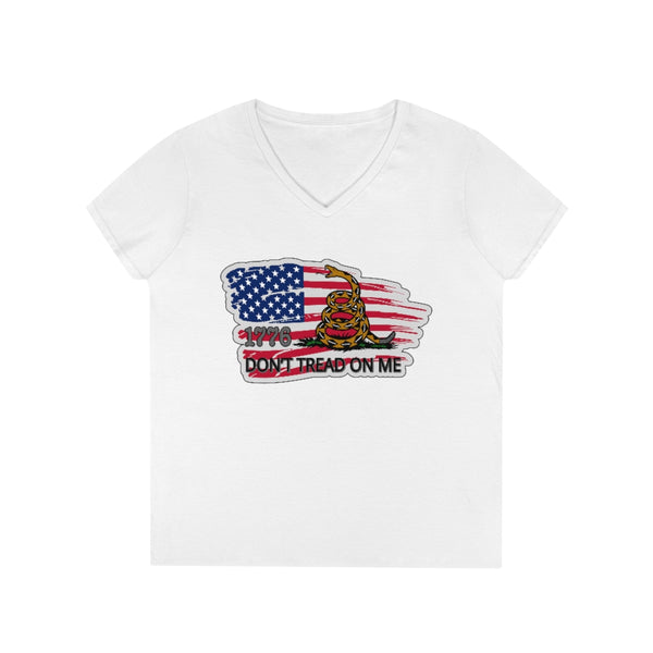 4th of July Dont tread on Me 2 - Ladies' V-Neck T-Shirt, Gildan, 100% cotton, Medium fabric, 5.3 oz, Semi-Fitted - BenchmarkSpecialAwardsCo