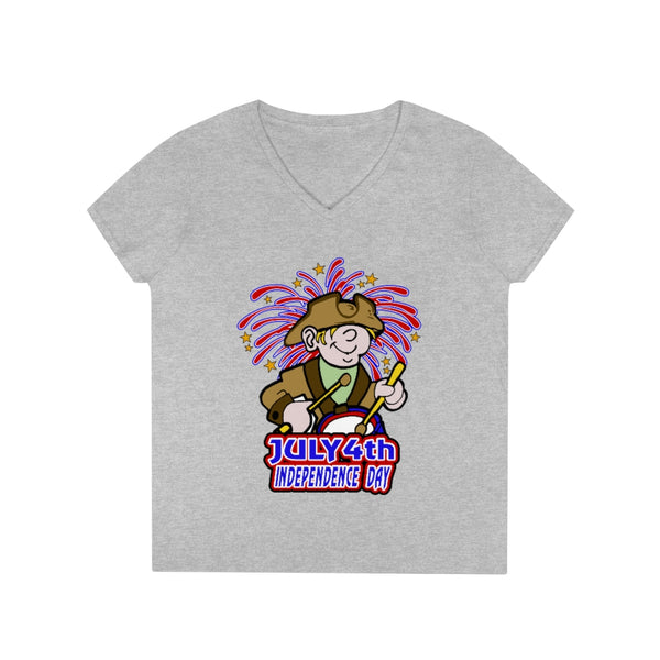4th of July Drummer Boy 2 - Ladies' V-Neck T-Shirt, Gildan, 100% cotton, Medium fabric, 5.3 oz, Semi-Fitted - BenchmarkSpecialAwardsCo
