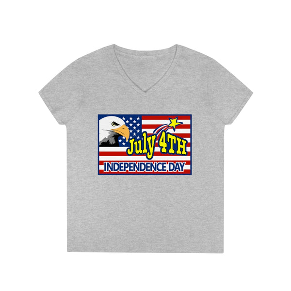 4th of July Eagle/Flag 2 - Ladies' V-Neck T-Shirt, Gildan, 100% cotton, Medium fabric, 5.3 oz, Semi-Fitted - BenchmarkSpecialAwardsCo