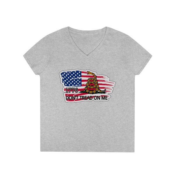 4th of July Dont tread on Me 2 - Ladies' V-Neck T-Shirt, Gildan, 100% cotton, Medium fabric, 5.3 oz, Semi-Fitted - BenchmarkSpecialAwardsCo
