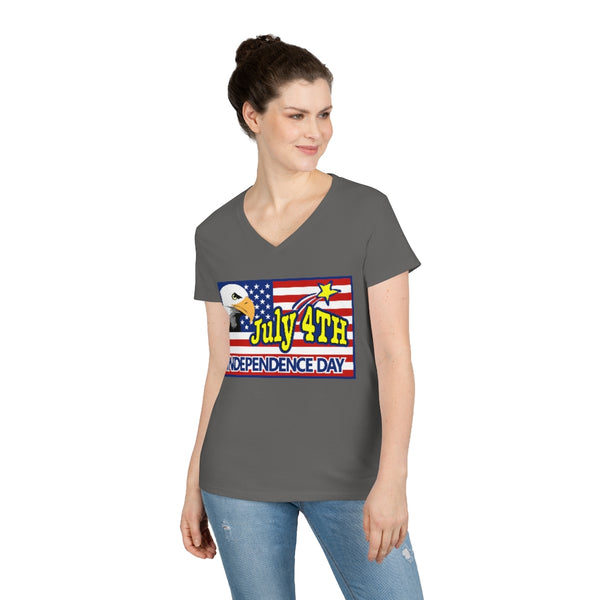 4th of July Eagle/Flag 2 - Ladies' V-Neck T-Shirt, Gildan, 100% cotton, Medium fabric, 5.3 oz, Semi-Fitted - BenchmarkSpecialAwardsCo