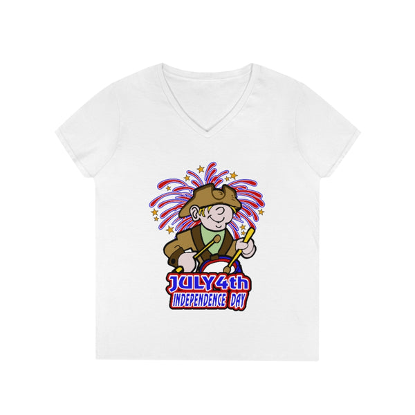 4th of July Drummer Boy 2 - Ladies' V-Neck T-Shirt, Gildan, 100% cotton, Medium fabric, 5.3 oz, Semi-Fitted - BenchmarkSpecialAwardsCo