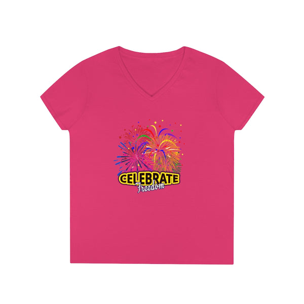4th of July Celebrate Freedom 2 - Ladies' V-Neck T-Shirt, Gildan, 100% cotton, Medium fabric, 5.3 oz, Semi-Fitted - BenchmarkSpecialAwardsCo