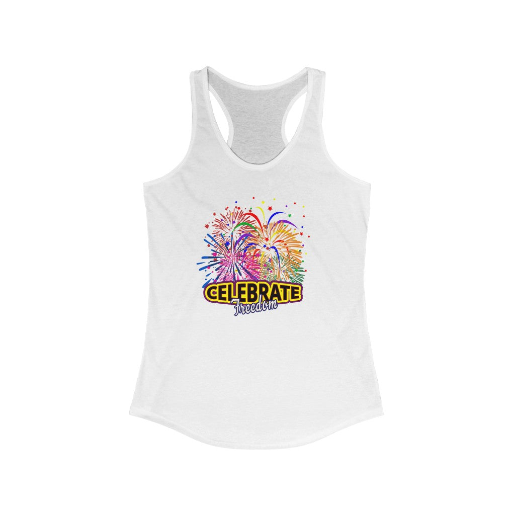 4th of July Celebrate Freedom 3 - Women's Ideal Racerback Tank,  Next Level,  60/40 cotton and polyester, light fabric - 3.9 oz - BenchmarkSpecialAwardsCo