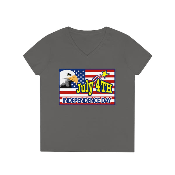 4th of July Eagle/Flag 2 - Ladies' V-Neck T-Shirt, Gildan, 100% cotton, Medium fabric, 5.3 oz, Semi-Fitted - BenchmarkSpecialAwardsCo