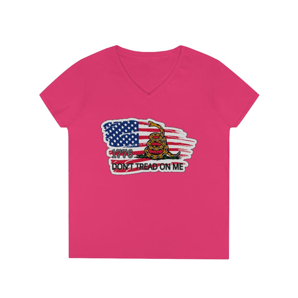 4th of July Dont tread on Me 2 - Ladies' V-Neck T-Shirt, Gildan, 100% cotton, Medium fabric, 5.3 oz, Semi-Fitted - BenchmarkSpecialAwardsCo