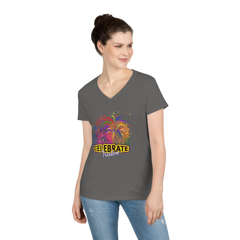 4th of July Celebrate Freedom 2 - Ladies' V-Neck T-Shirt, Gildan, 100% cotton, Medium fabric, 5.3 oz, Semi-Fitted - BenchmarkSpecialAwardsCo