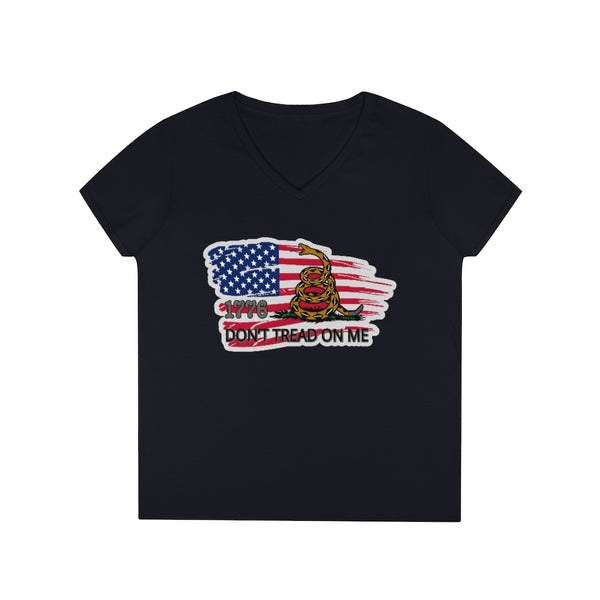 4th of July Dont tread on Me 2 - Ladies' V-Neck T-Shirt, Gildan, 100% cotton, Medium fabric, 5.3 oz, Semi-Fitted - BenchmarkSpecialAwardsCo