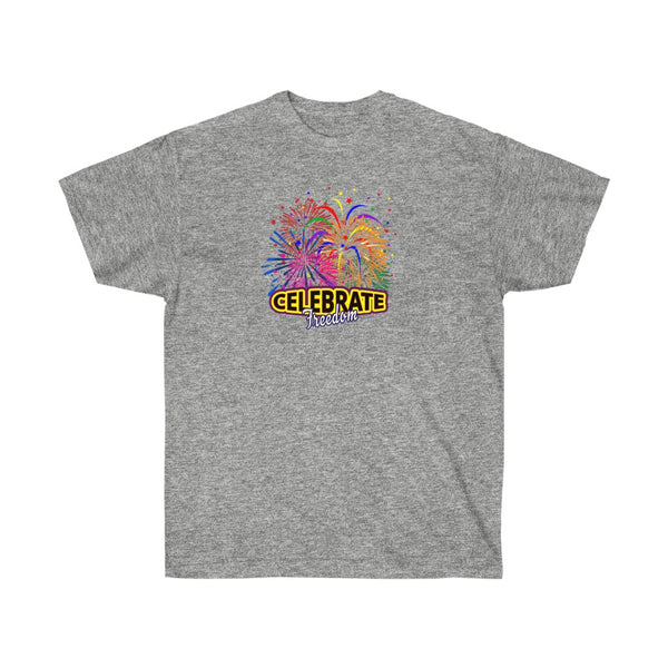 4th of July Celebrate Freedom 1 - Adult, Unisex, Ultra Cotton, 6oz. GildanTee - BenchmarkSpecialAwardsCo