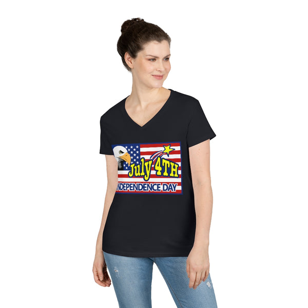 4th of July Eagle/Flag 2 - Ladies' V-Neck T-Shirt, Gildan, 100% cotton, Medium fabric, 5.3 oz, Semi-Fitted - BenchmarkSpecialAwardsCo