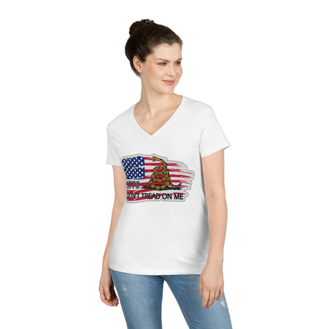 4th of July Dont tread on Me 2 - Ladies' V-Neck T-Shirt, Gildan, 100% cotton, Medium fabric, 5.3 oz, Semi-Fitted - BenchmarkSpecialAwardsCo