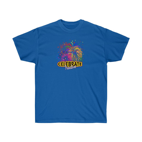 4th of July Celebrate Freedom 1 - Adult, Unisex, Ultra Cotton, 6oz. GildanTee - BenchmarkSpecialAwardsCo