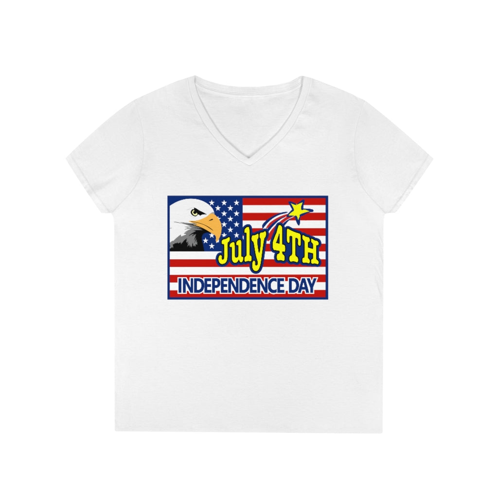 4th of July Eagle/Flag 2 - Ladies' V-Neck T-Shirt, Gildan, 100% cotton, Medium fabric, 5.3 oz, Semi-Fitted - BenchmarkSpecialAwardsCo