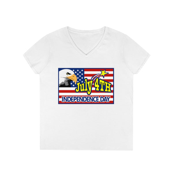 4th of July Eagle/Flag 2 - Ladies' V-Neck T-Shirt, Gildan, 100% cotton, Medium fabric, 5.3 oz, Semi-Fitted - BenchmarkSpecialAwardsCo