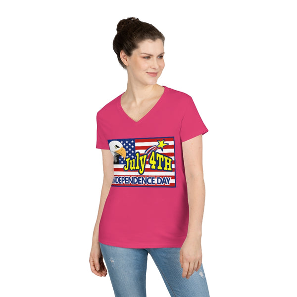4th of July Eagle/Flag 2 - Ladies' V-Neck T-Shirt, Gildan, 100% cotton, Medium fabric, 5.3 oz, Semi-Fitted - BenchmarkSpecialAwardsCo