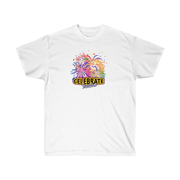4th of July Celebrate Freedom 1 - Adult, Unisex, Ultra Cotton, 6oz. GildanTee - BenchmarkSpecialAwardsCo