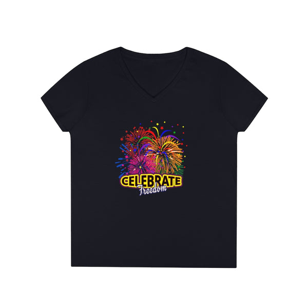 4th of July Celebrate Freedom 2 - Ladies' V-Neck T-Shirt, Gildan, 100% cotton, Medium fabric, 5.3 oz, Semi-Fitted - BenchmarkSpecialAwardsCo