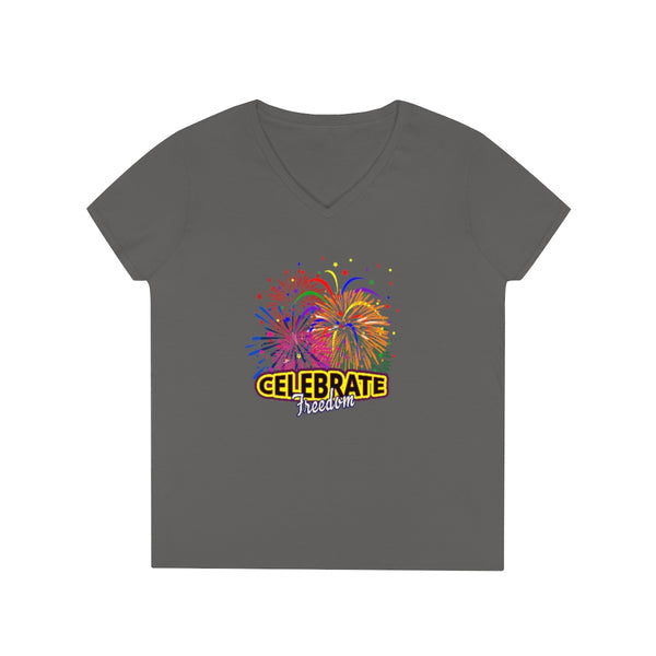 4th of July Celebrate Freedom 2 - Ladies' V-Neck T-Shirt, Gildan, 100% cotton, Medium fabric, 5.3 oz, Semi-Fitted - BenchmarkSpecialAwardsCo