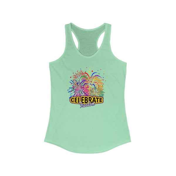 4th of July Celebrate Freedom 3 - Women's Ideal Racerback Tank,  Next Level,  60/40 cotton and polyester, light fabric - 3.9 oz - BenchmarkSpecialAwardsCo