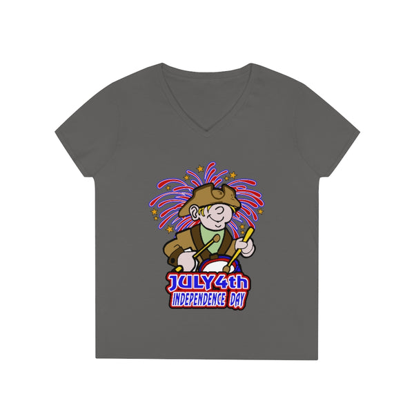 4th of July Drummer Boy 2 - Ladies' V-Neck T-Shirt, Gildan, 100% cotton, Medium fabric, 5.3 oz, Semi-Fitted - BenchmarkSpecialAwardsCo