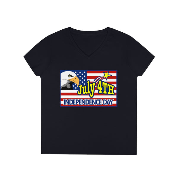 4th of July Eagle/Flag 2 - Ladies' V-Neck T-Shirt, Gildan, 100% cotton, Medium fabric, 5.3 oz, Semi-Fitted - BenchmarkSpecialAwardsCo