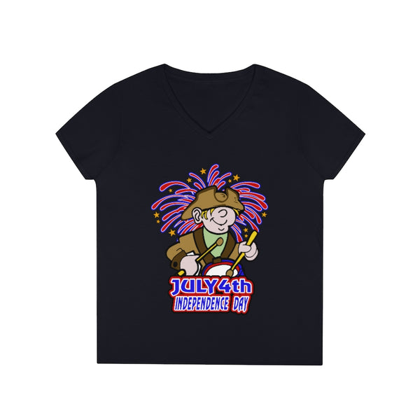4th of July Drummer Boy 2 - Ladies' V-Neck T-Shirt, Gildan, 100% cotton, Medium fabric, 5.3 oz, Semi-Fitted - BenchmarkSpecialAwardsCo