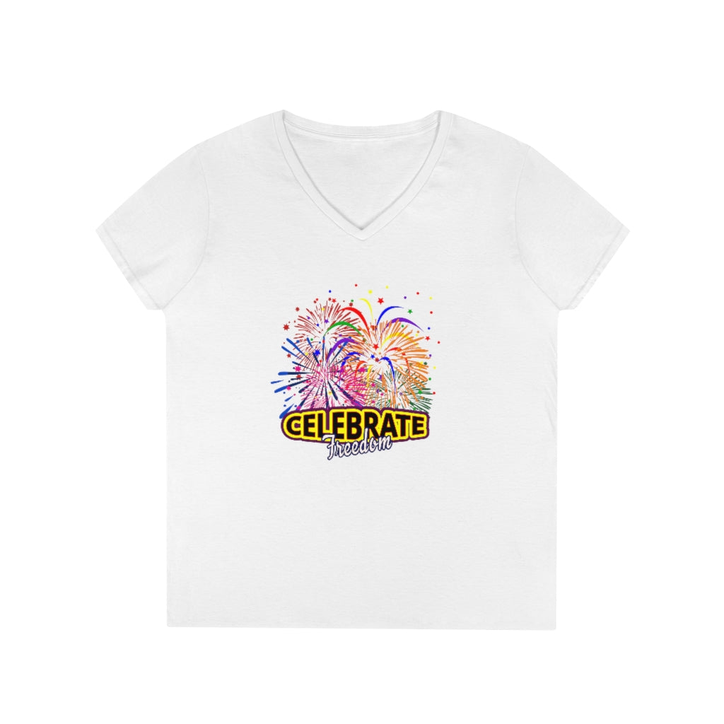 4th of July Celebrate Freedom 2 - Ladies' V-Neck T-Shirt, Gildan, 100% cotton, Medium fabric, 5.3 oz, Semi-Fitted - BenchmarkSpecialAwardsCo