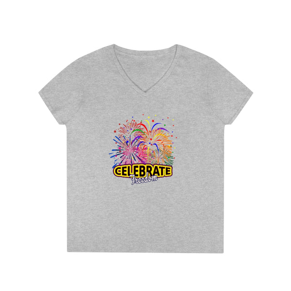 4th of July Celebrate Freedom 2 - Ladies' V-Neck T-Shirt, Gildan, 100% cotton, Medium fabric, 5.3 oz, Semi-Fitted - BenchmarkSpecialAwardsCo